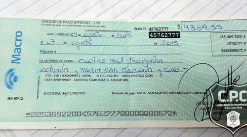 Laboulaye: fue estafado con 2 cheques supuestamente robados.